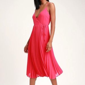Lulus Take It From Me Fuchsia Pleated Wrap Midi Dress, Size Large, NWT
